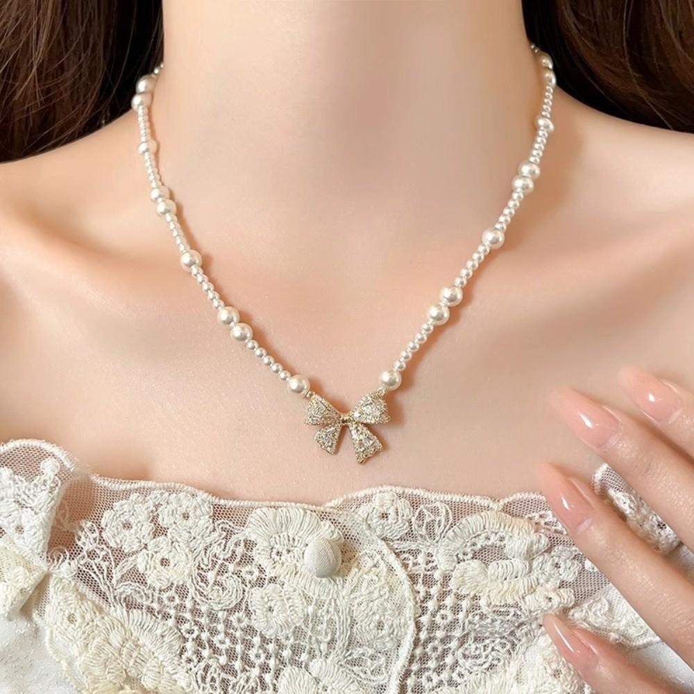 Pearl Silver Bowknot Necklace Pendant Simple Pendant Chain Temperament Bow Necklace Pendant Daily