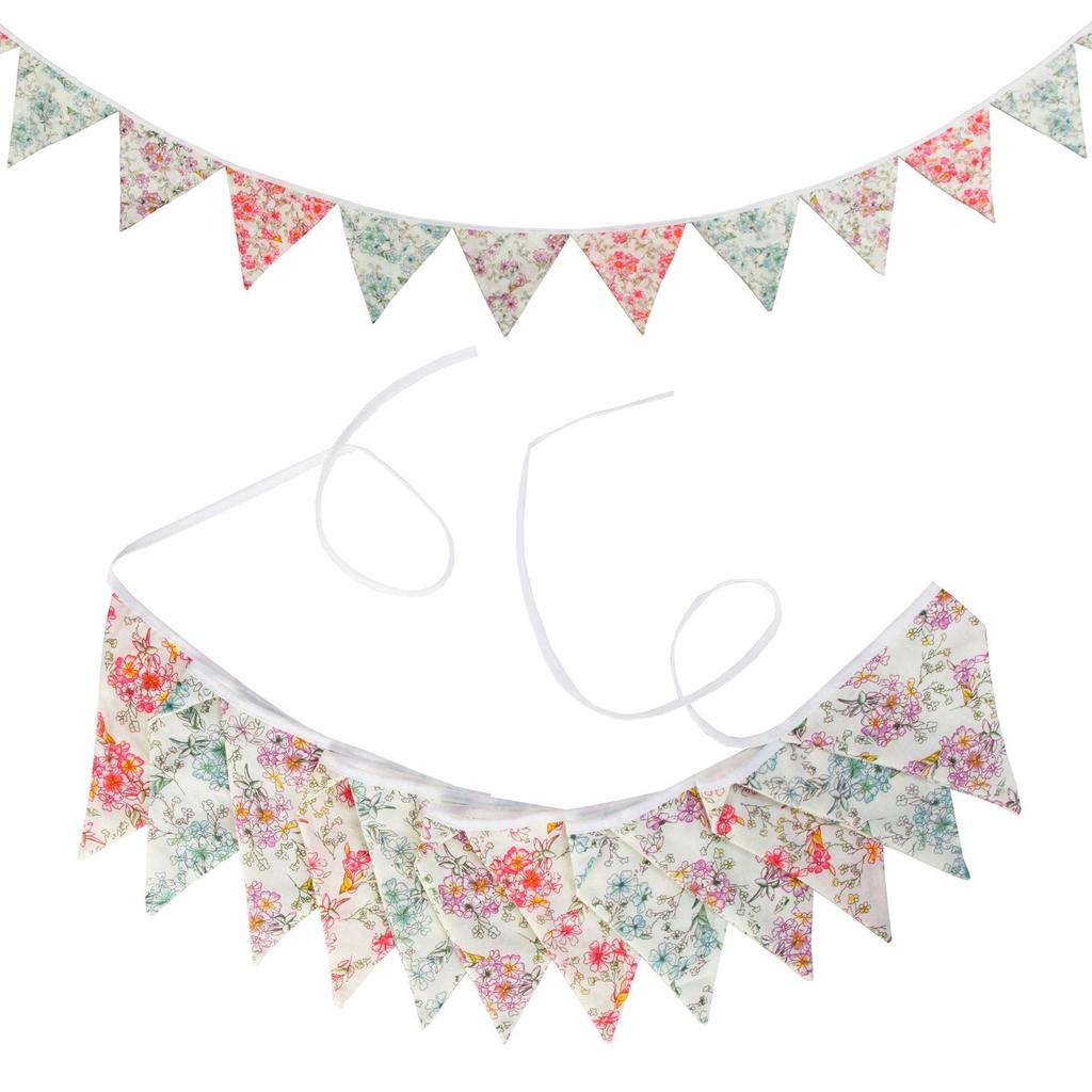 Pink Pastoral Floral Cotton Bunting: Children's Party or Wedding Decoration Hanging Flag