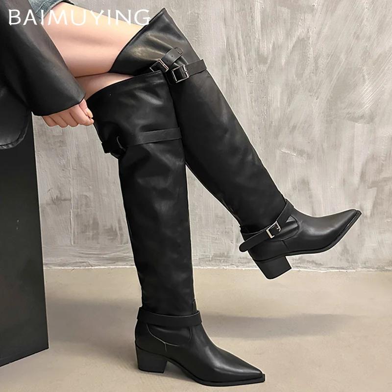 Массивные женские высокие сапоги из кожи с острым носком на среднем каблуке, модные дизайнерские туфли-лодочки с пряжкой 2025 года, готические зимние ботинки длиной до колена