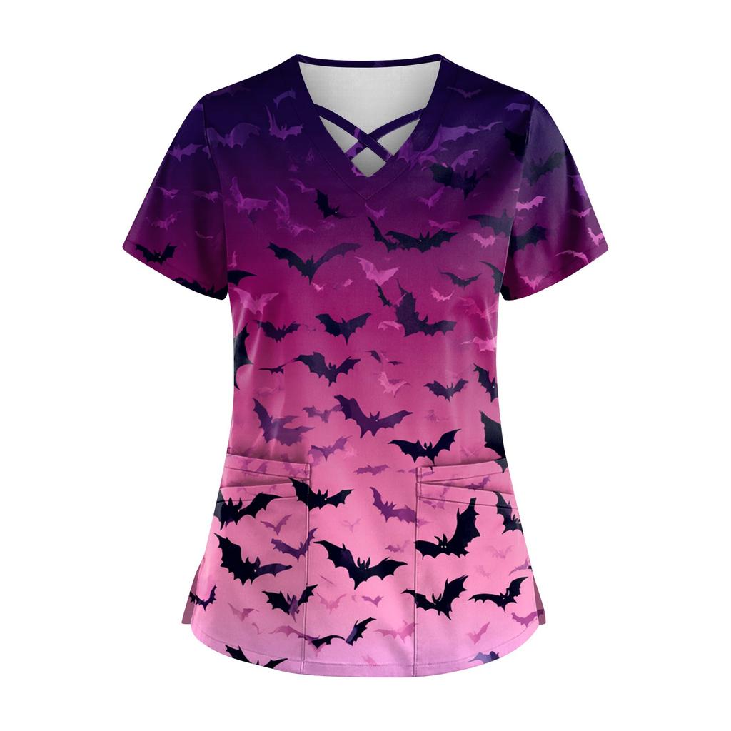 Women's Short Sleeve Stagger V Neck Print Pocket Dry- Top