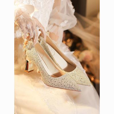 Блестящие французские туфли-лодочки с кисточкой-бабочкой из стразов на высоком каблуке - Женские туфли с острым носком и толстым каблуком для свадьбы и вечера