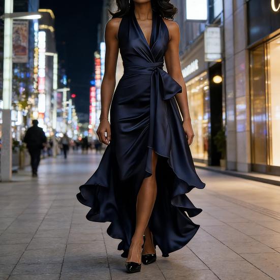 Женское атласное платье миди с оборками, высоким низом, без рукавов, с V-образным вырезом, халтер, завязкой на талии, для выпускного вечера, гостя на свадьбе, вечеринки, коктейля