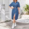 Denim Dress for Women Short Sleeve Jean Dress Button Down Lapel Shirt Dress Summer Midi Shift Dress with Pockets