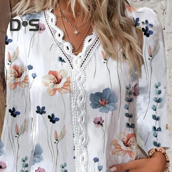 Женский осенний топ с v-образным вырезом, кружевной лоскутный цветочный принт, с длинным рукавом, свободный, мягкий, дышащий, цветной, элегантный, для поездок на работу, женская блузка