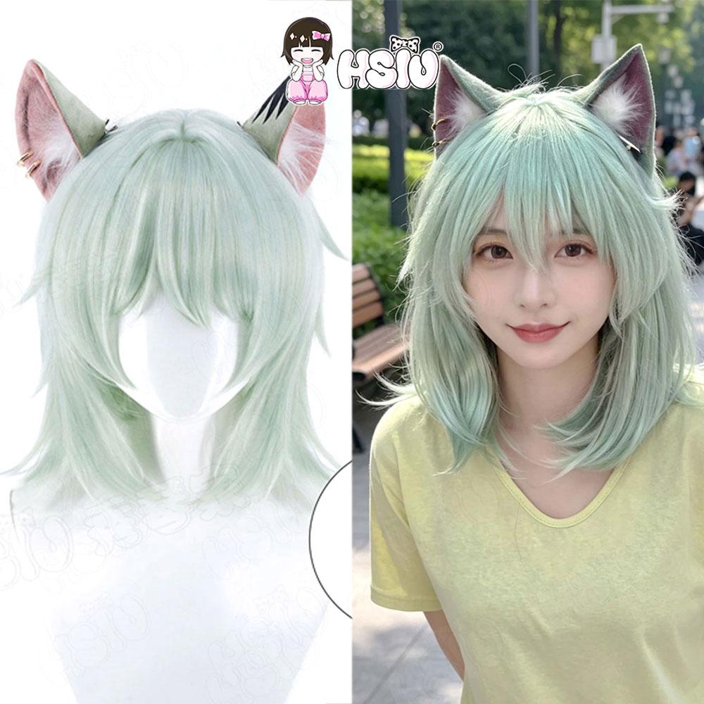 HSIU Yani Neko Cosplay Wig Gray Blue Short Heat Resistant Synthetic Hair Wig With Free Wig Cap Anime Cosplay
