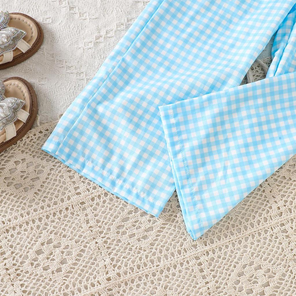 Летний сладкий набор в клетку с вышивкой кролика: Топ на бретельках и широкие брюки для девочек