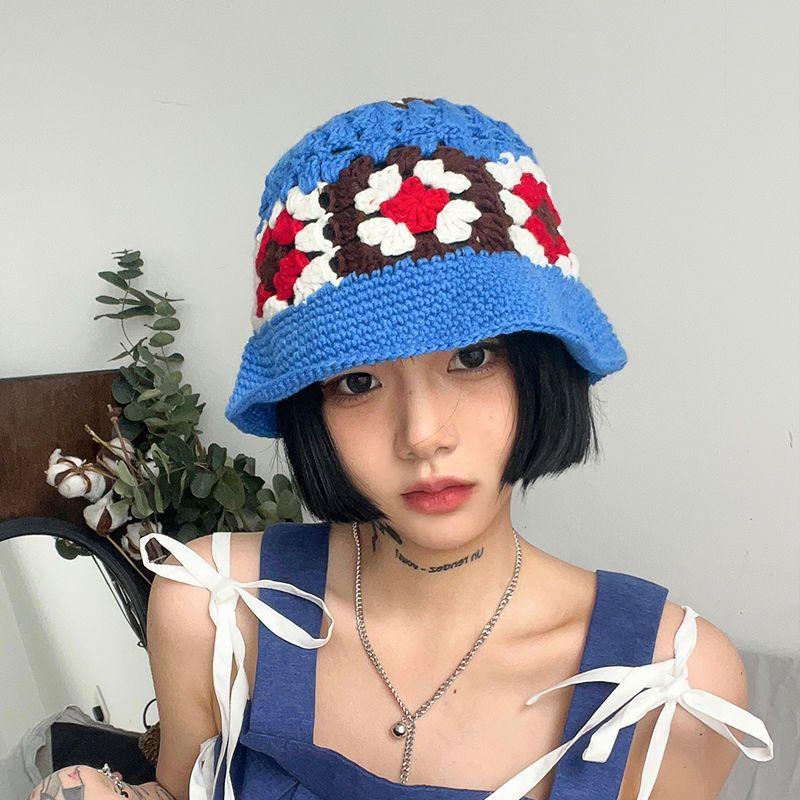 Handmade Crochet Flower Bucket Hat for Girls Korean Hot Travel Beach Panama Caps Design Knitted Hat Winter Beanie Wool Warm Cap