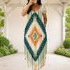 Women Plus Size Round Neck Short Sleeve Printed Light Blue White Loose Maxi Dress With Side Pockets