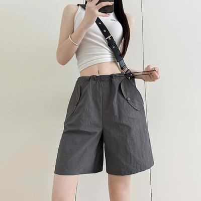 Серые летние тонкие широкие брюки с высокой талией, быстросохнущие спортивные американские брюки с пятью точками