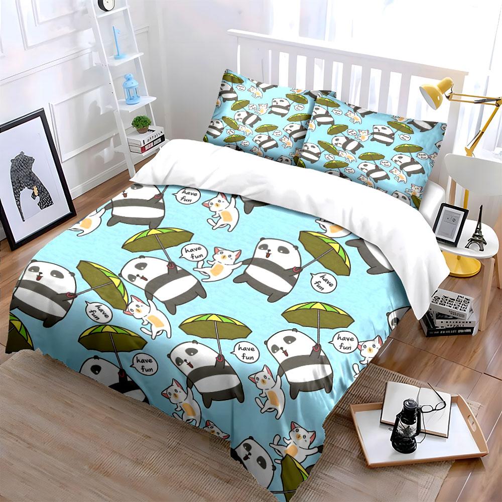 Panda and Cat with Umbrella Bedding Duvet Cover Set  (1*Duvet Cover 2*Pillowcases, without duvet insert)