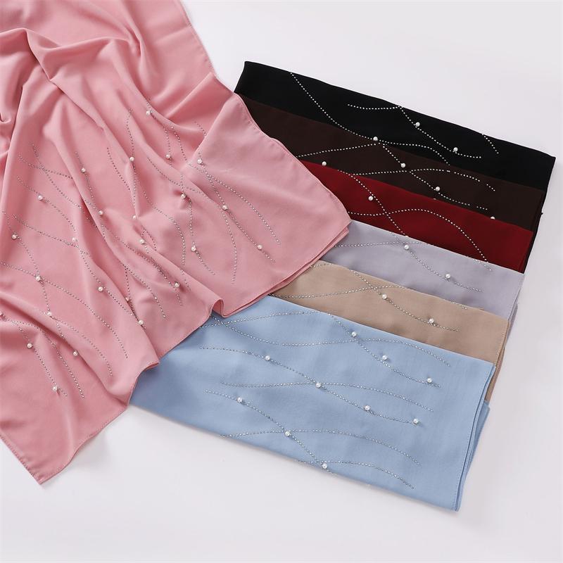 Plain Pearl Bubble Rhinestone Chiffon Shawl Scarf High Quality Shimmer Beads Headband Wrap Foulard Muslim Hijab