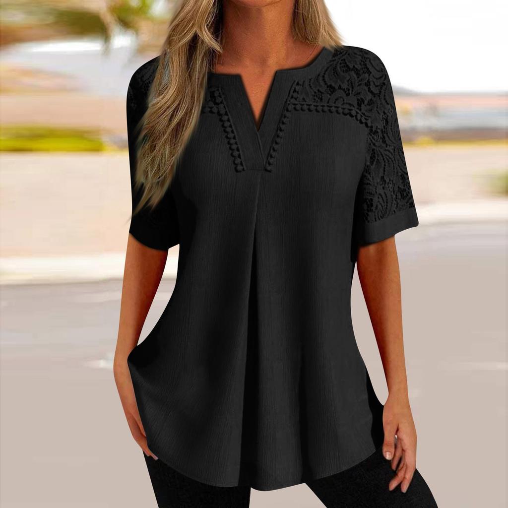Рубашки с коротким рукавом для женщин, кружевные лоскутные футболки, блузки, повседневные базовые топы, пуловеры