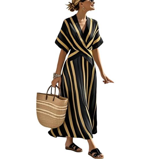 Летнее макси-платье для женщин, полосатое, с короткими рукавами, V-образным вырезом, расклешенное, повседневное, для пляжного отдыха, струящееся, А-силуэта, сарафан