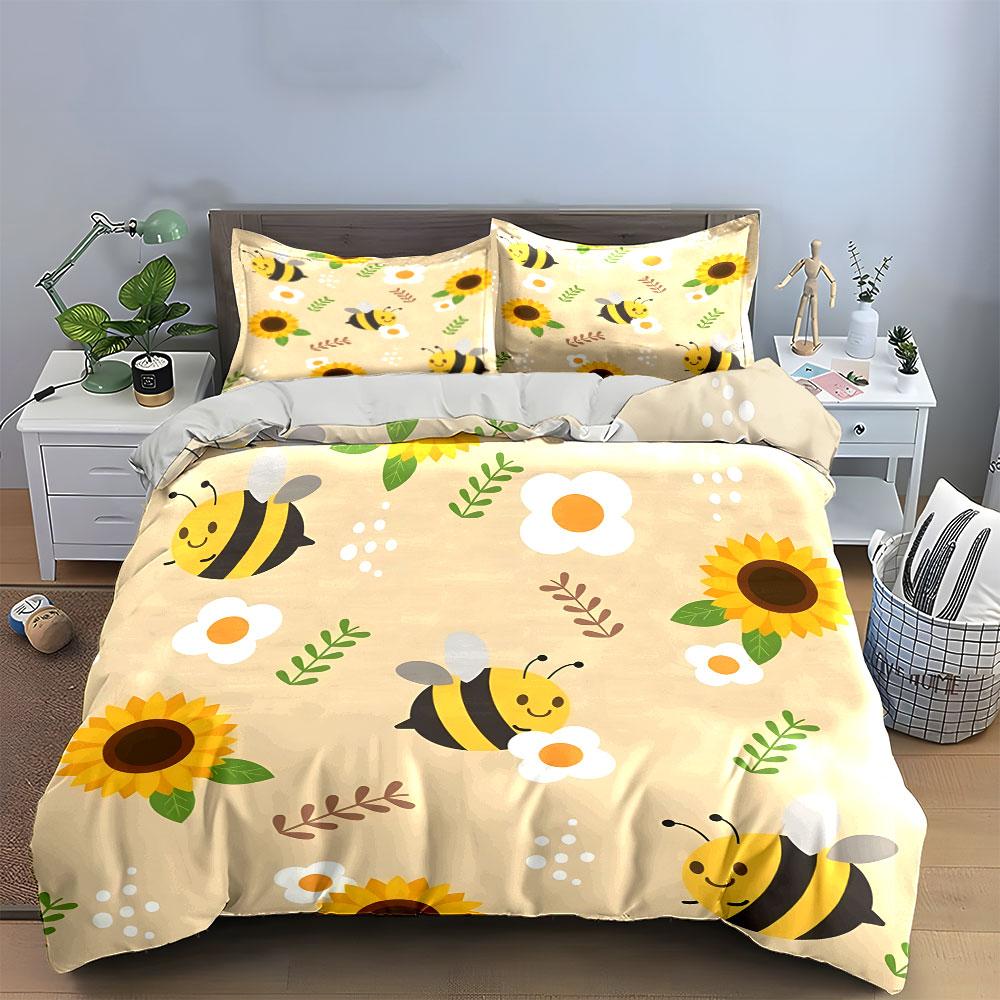 Cute Bees and Sunflowers Print Bedding Duvet Cover Set (1*Duvet Cover 2*Pillowcases, without duvet insert)