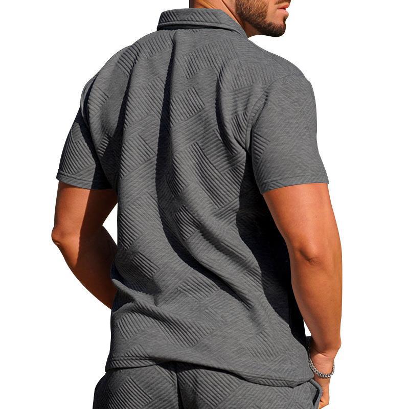 Мужской костюм с рубашкой поло, мужской повседневный костюм с коротким рукавом, футболка с лацканами, текстурированные шорты, спортивный комплект из двух предметов