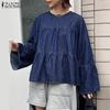 Women Casual Solid Color Round Neck Long Sleeve Blouses