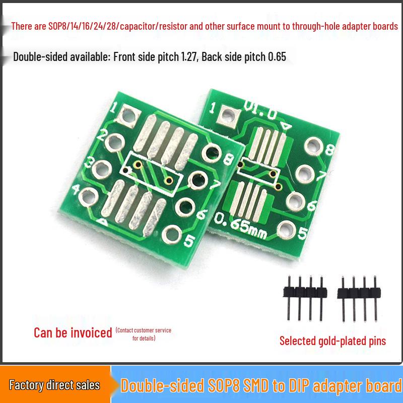 SOP8 SMD to DIP Adapter Board with SSOP8/TSSOP8 Compatibility, 0.65/1.27mm Pitch, Includes Pin Headers