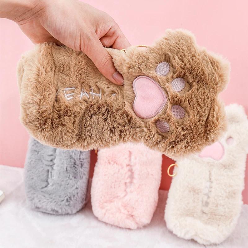 1 шт., осенне-зимний стиль, милый пушистый кошачий лапчатый плюшевый пенал, кавайный студенческий канцелярский мешок для ручек, школьные принадлежности для девочек