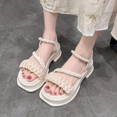 Удобная обувь для женщин, босоножки с жемчугом, женский бежевый, увеличивающий высоту, блочный каблук, универсальный, черный бант 2024 года, модный, массивный