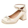 Mary Jane Women's Shoes Light Mouth Shoes Bow Thick Heel Single Shoes Satin High Heels