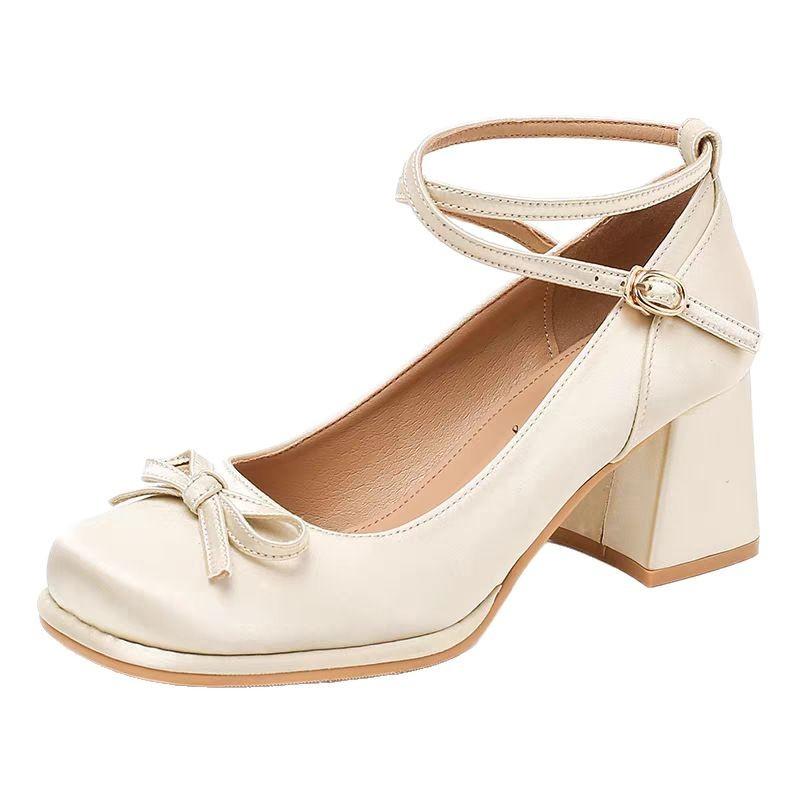 Mary Jane Women's Shoes Light Mouth Shoes Bow Thick Heel Single Shoes Satin High Heels