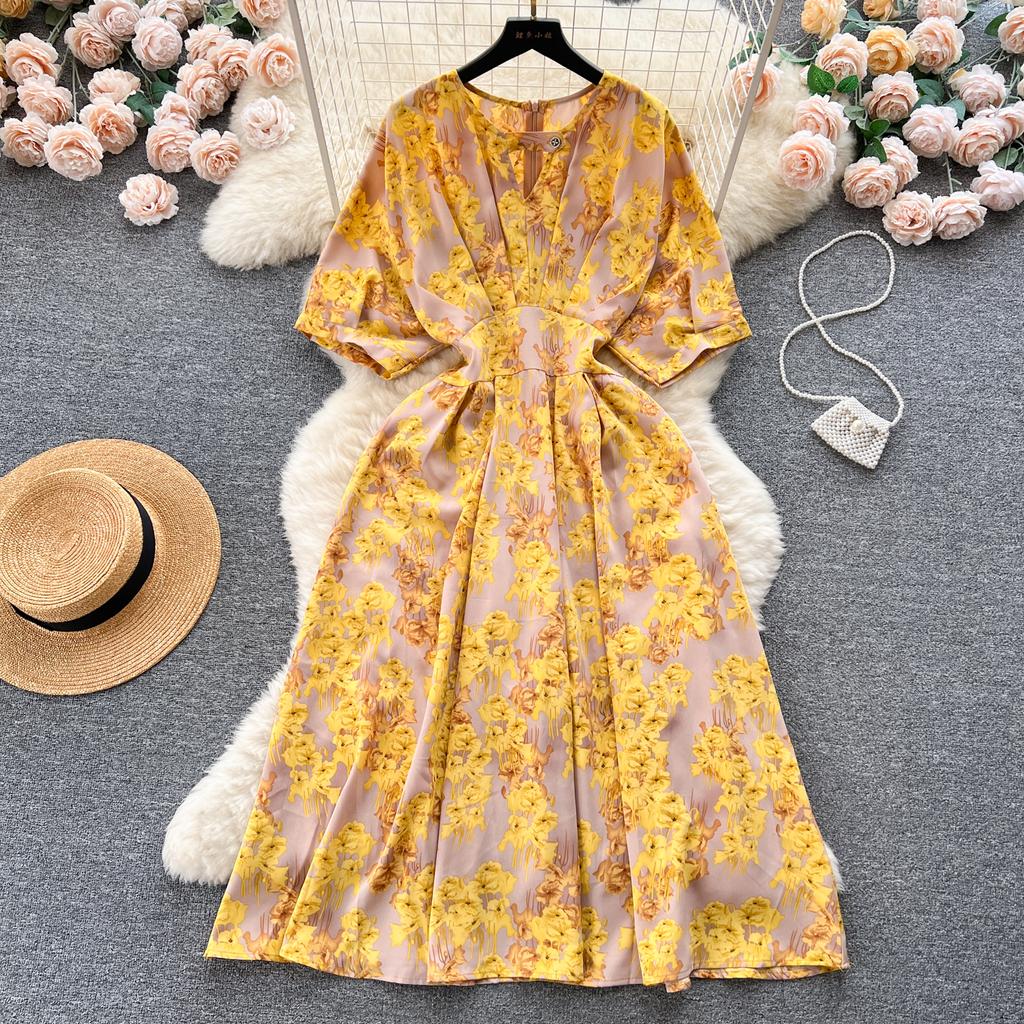Платье с пышными рукавами и цветочным принтом на талии, женское летнее облегающее пляжное платье в стиле супер феи в курортном стиле