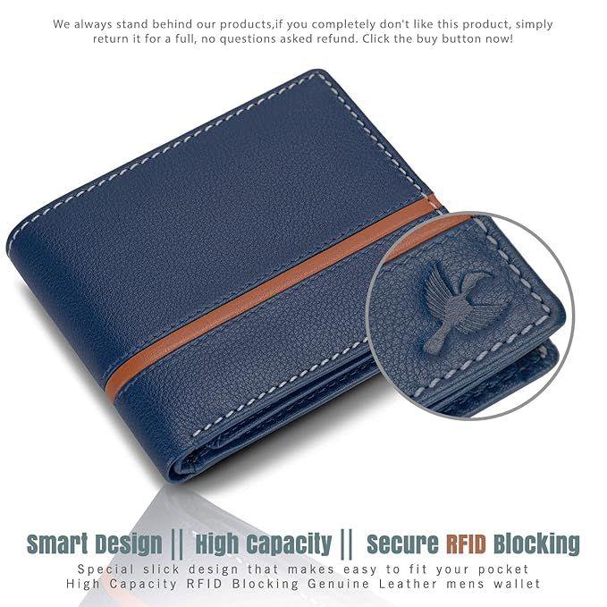 Denial Navy Leather Wallet for Men | Кожаный мужской кошелек с блокировкой RFID | Кошельки мужские из натуральной кожи