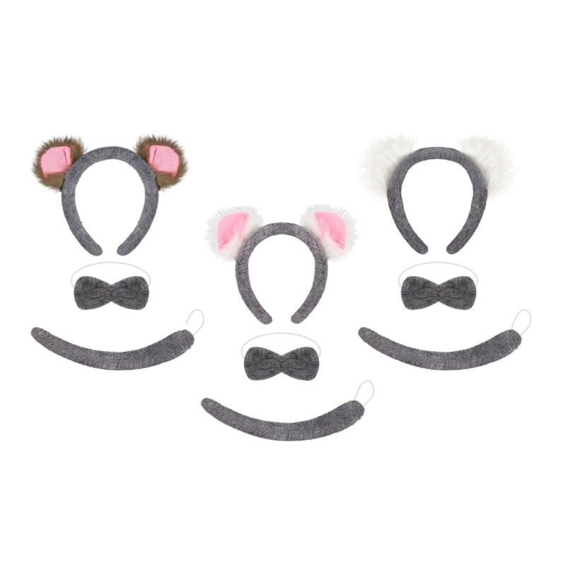 Koala Costume Accessories Set Koala Ears Headband Tail Bowtie Animal Fancy Dress Costume for Halloween Cosplay Party
