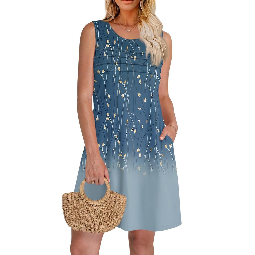 Женские летние платья с круглым вырезом, плиссировкой спереди, без рукавов, карманами, сарафаном, повседневным платьем