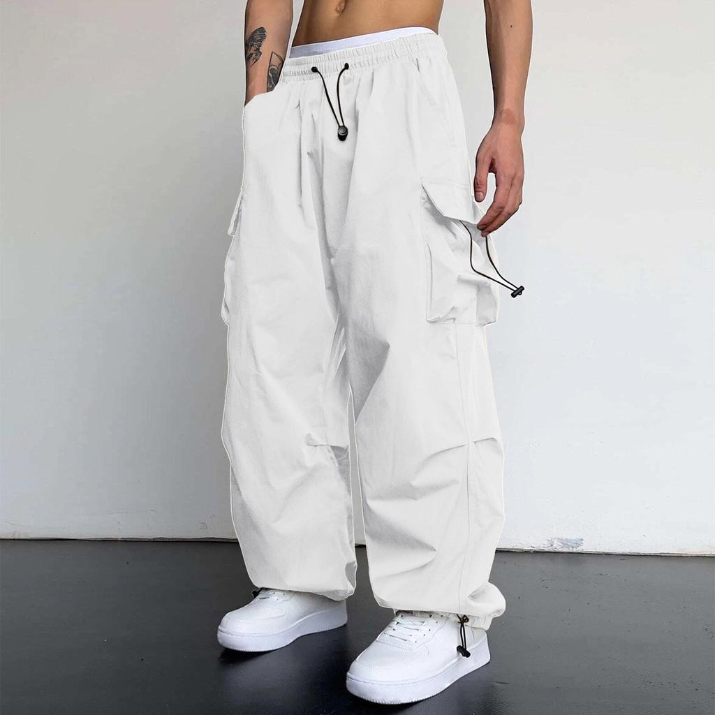 Men Cargo Pants Multi Pocket Oversized Solid Color Elastic High Waist Deep Crotch Ankle-banded Soft Breathable Hip Hop