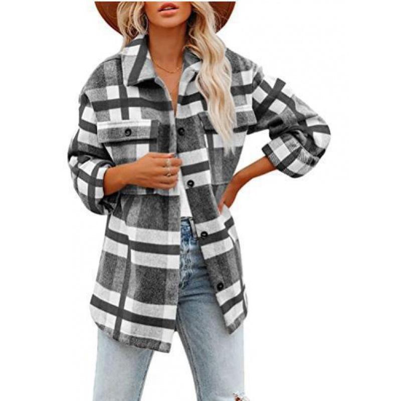 Spring and Autumn Women's Brushed Plaid Shirts Long Sleeve Flannel Lapel Button Down Pocketed Shacket Flannel Jacket Coats