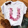 26 Letters Print T-Shirt Alphabet with Pink Flower Harajuku White Graphic Tee Casual Short Sleeve Lady Y2k Tops Women's Clothing