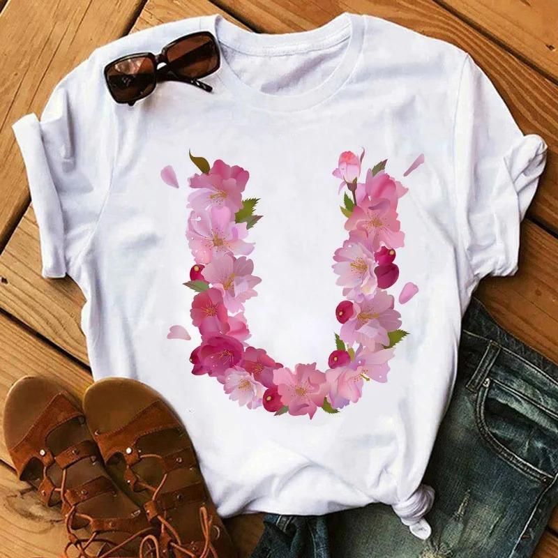 26 Letters Print T-Shirt Alphabet with Pink Flower Harajuku White Graphic Tee Casual Short Sleeve Lady Y2k Tops Women's Clothing