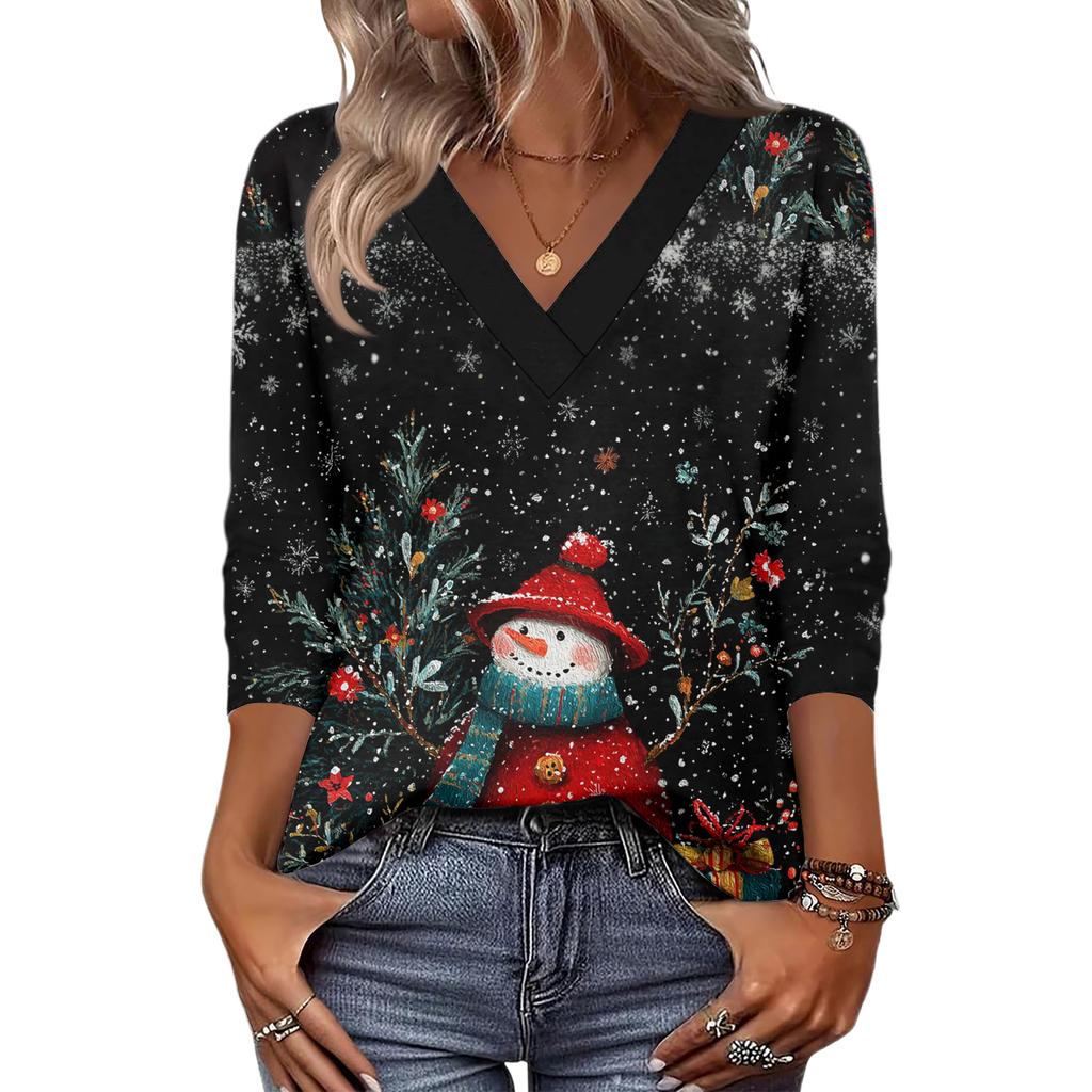 Women's Loose Comfortable Casual Fashion V-Neck Christmas Print 3/4 Sleeve Top