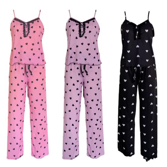 Женский пижамный комплект из 2 шт./компл., атласный кружевной топ без рукавов с принтом сердца, брюки с эластичной резинкой на талии и бантом, домашняя одежда, топ, брюки, костюм, женская летняя одежда для сна, гостиная