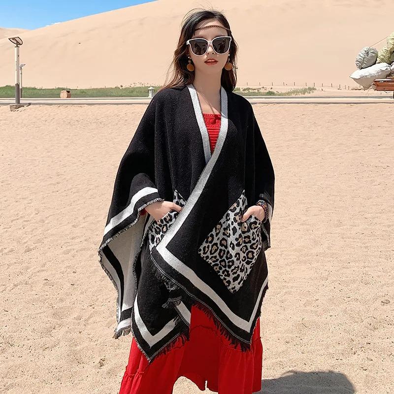 21 Style Big Pendulum Cloak With Hat Arabic Poncho Women Leopard Pocket Shawl Cape Knitted Middle East Split Thick Warm Blanket