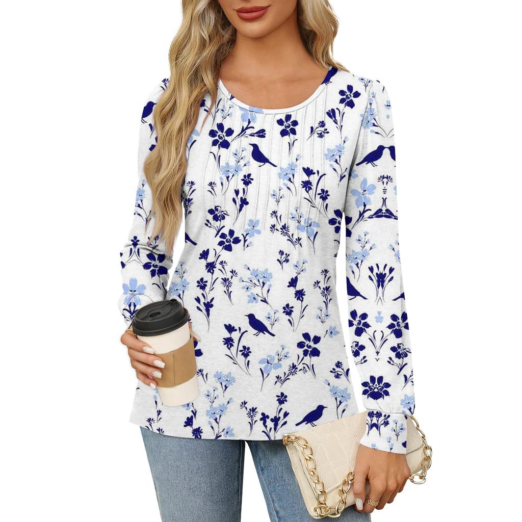 Рубашки с длинным рукавом для женщин, футболки с милым принтом и графикой, блузки, нарядные повседневные блузки, плиссированные топы-туники с овальным вырезом