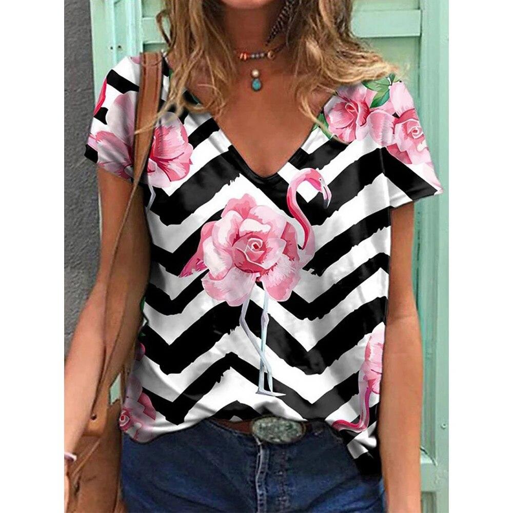Женские футболки, модные топы с v-образным вырезом, красочная футболка с бабочкой, женские короткие повседневные футболки с цветочным принтом, летняя одежда больших размеров