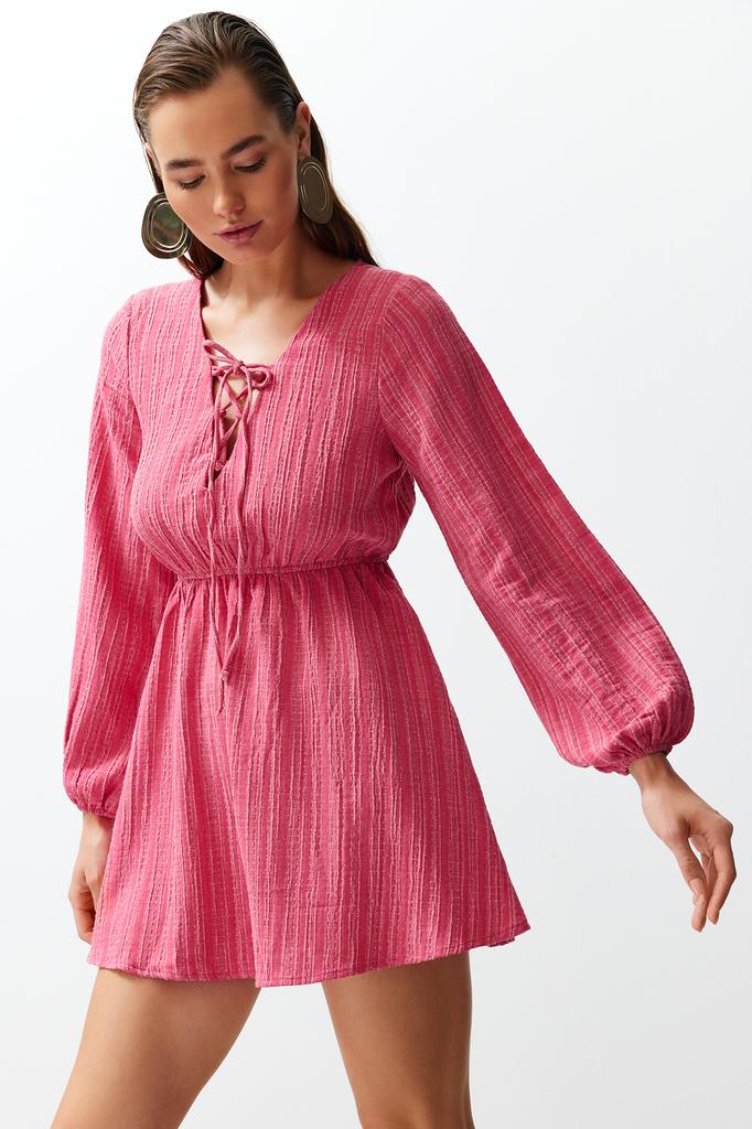 Women's Fashion New Dress Black Mini Woven Tie-Up Linen Blend Beach Dress