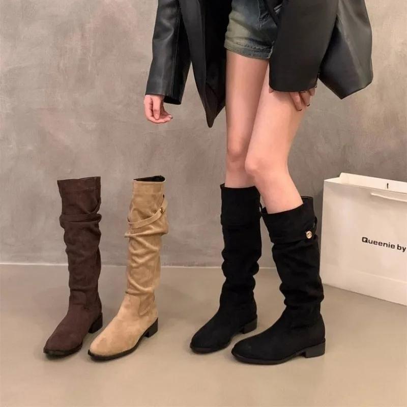 Fashion Knight Boots Ladies 2024 Chunky Heel Autumn Winter Western Tall Thin Retro Slim Fold Pile Women's Riding Boots