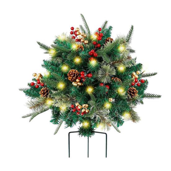 Предварительно освещенная рождественская елка, наполнитель для урны, работающая от батареек искусственная рождественская елка с шишками, ягодами, праздничный наполнитель для кашпо на крыльце с треножным колышком и светодиодами