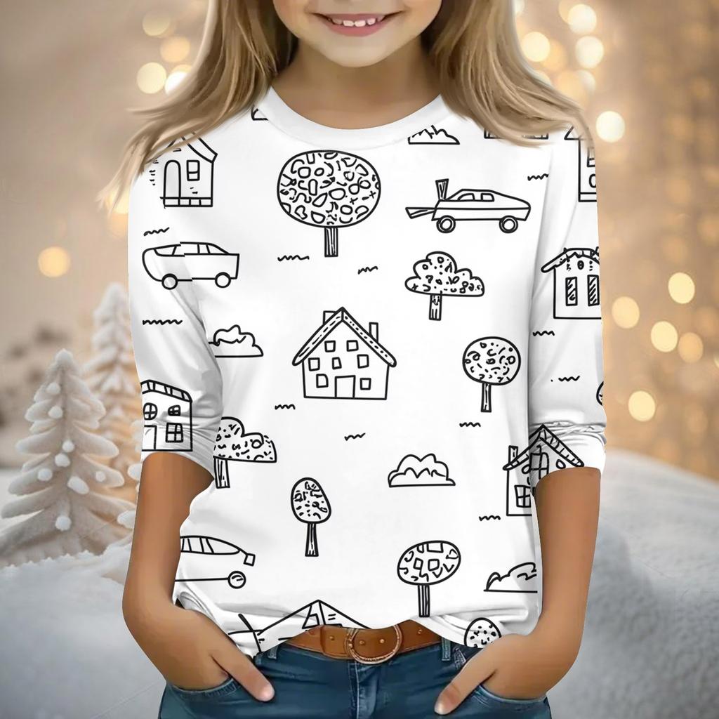 Детские топы с рукавами 3/4, футболка с принтом, круглый вырез, пуловер, блузка, детские раскрашенные вручную цветные топы