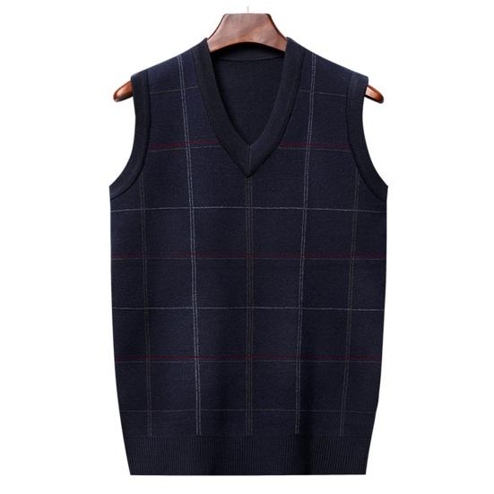 Sweater Vest Knitted Loose Pullover V Neck Plaid Print Elastic Soft Warm Mid-aged Father Grandfather