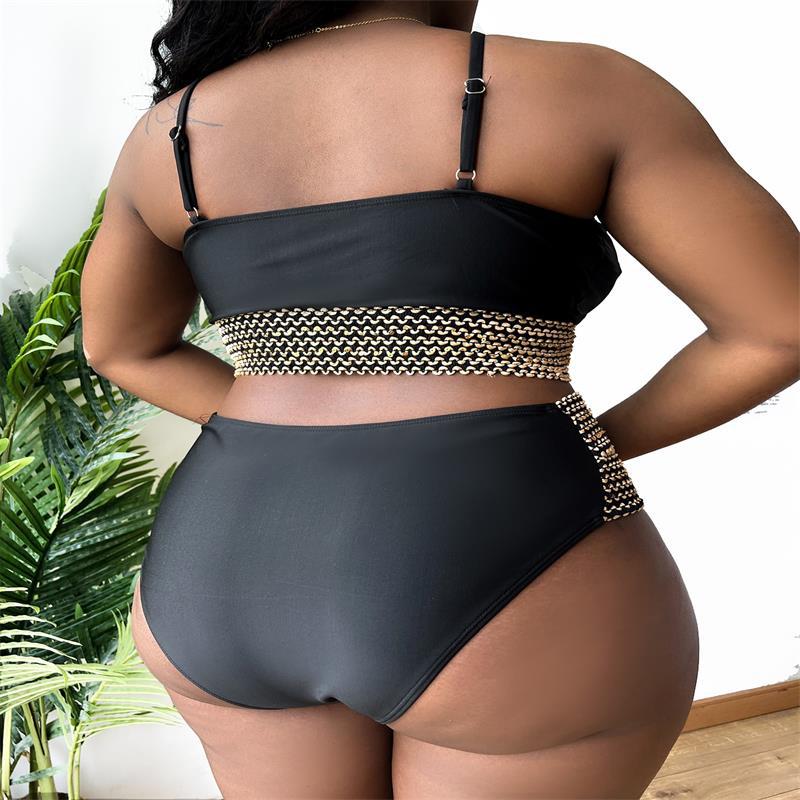 2025 Patchwork Hollow Two Piece Plus Size Bikini Women Strapped High Waist Swimsuit Brazilian Beach Lady Bathing Suit