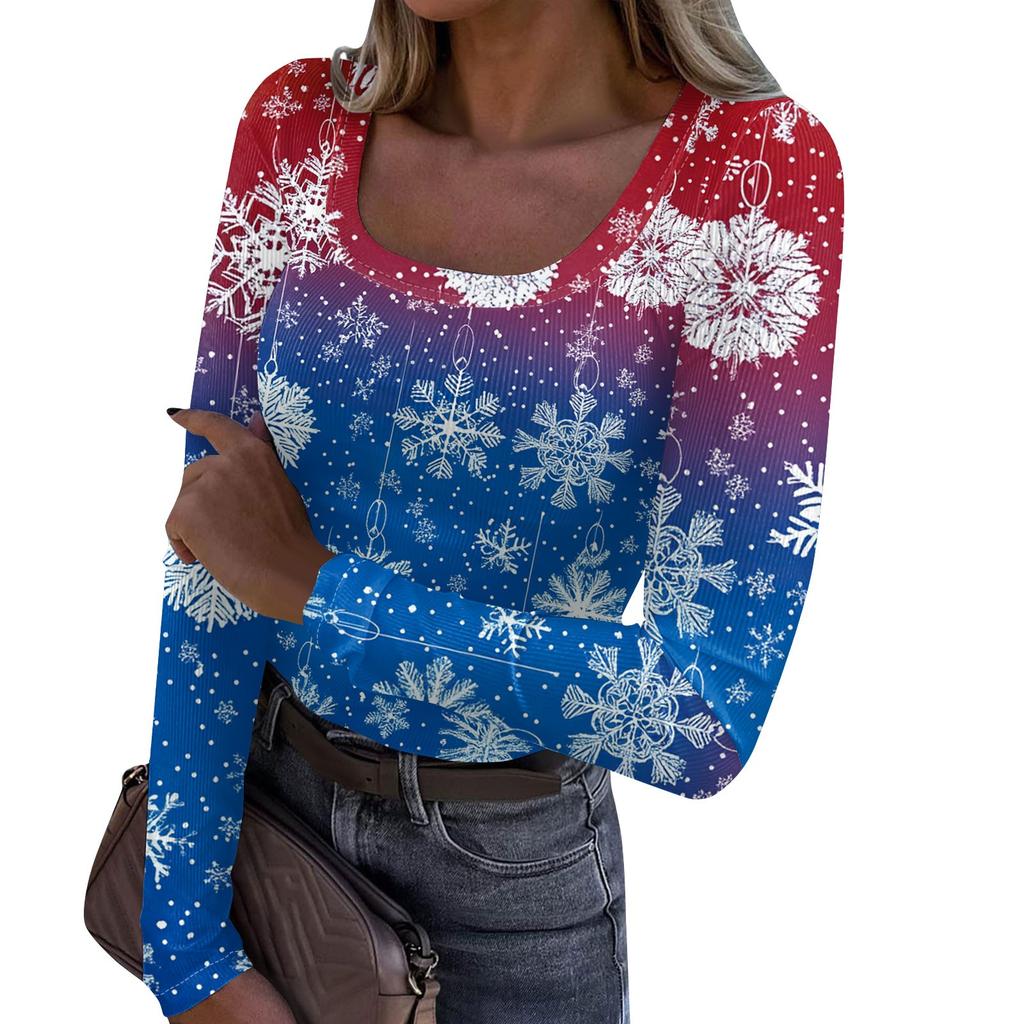 Женская модная футболка с тонким низом, рождественский принт, пуловер с U-образным вырезом и длинными рукавами