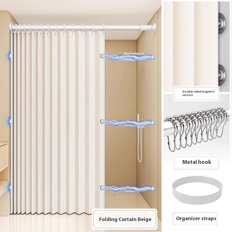 Bathroom Folding Linen Shower Curtain with Magnets Waterproof Suitable for Walk-in Shower Does Not Include Telescopic Rod