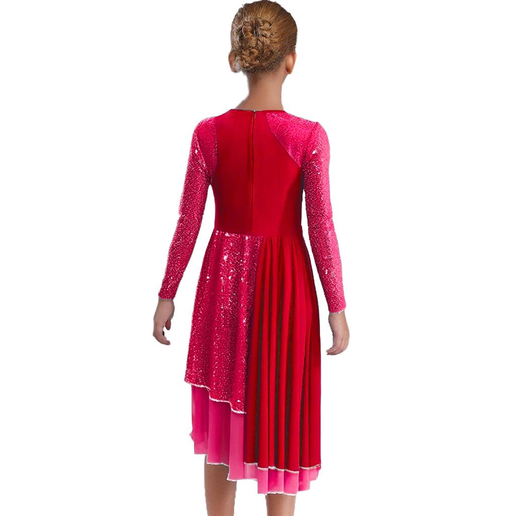 Girls Praise Dance Dress Long Sleeve Round Neck Design with Sparkling Sequins Color Block Asymmetrical Robe