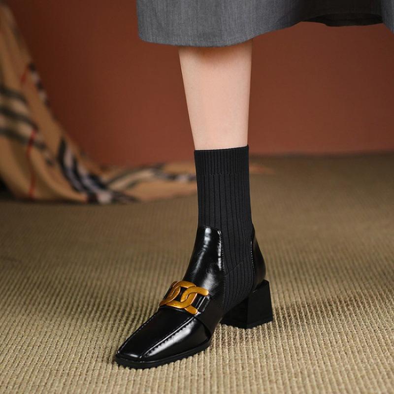 Корейская версия женских ботинок мартин квадратный носок большой размер низкий каблук кожаные ботинки женские удобные квадратный каблук женские ботинки осень и зима