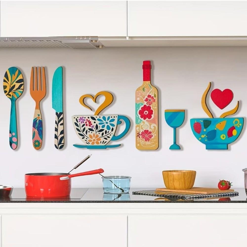 8PCS/SET Wood Floral Kitchen Utensil Pendant Self-adhesive Fork Spoon Sticker Bar