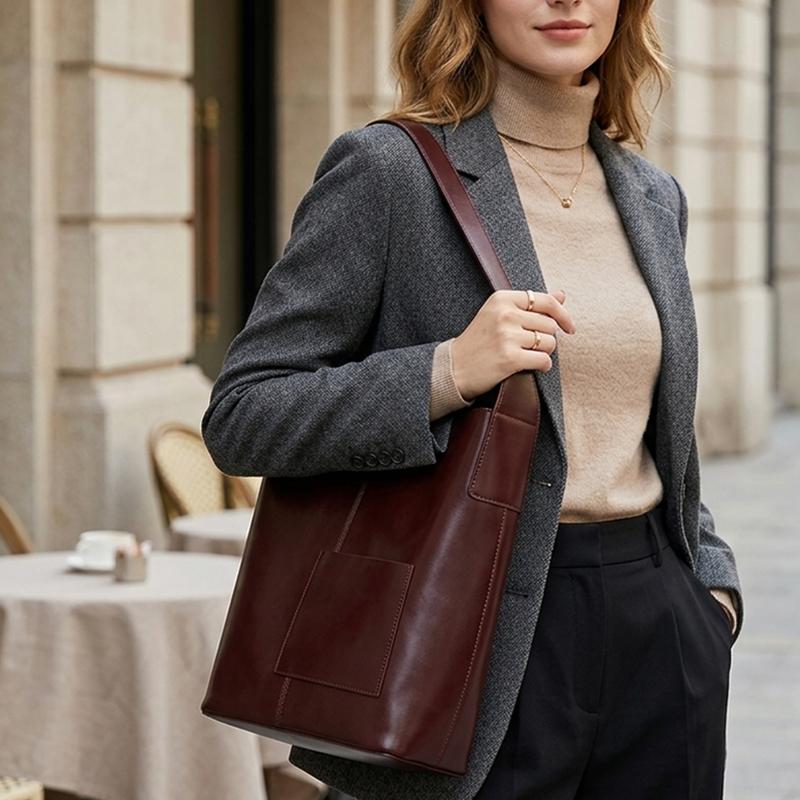 HIFASHION Женские сумки-ведра из натуральной коровьей кожи 2026 года Большая вместимость Официальные рабочие сумки через плечо Простая сумка-хобо для покупок